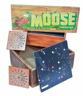 Vintage Ceramics Tiles, 2 Antique Wooden Boxes and Moose Brand Food Crate Label on Plank.