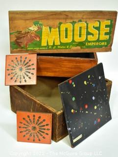 Vintage Ceramics Tiles, 2 Antique Wooden Boxes and Moose Brand Food Crate Label on Plank.