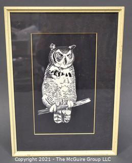 Framed Under Glass Ink Woodblock of Owl.   Measures 12 x 15"