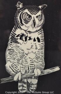 Framed Under Glass Ink Woodblock of Owl.   Measures 12 x 15"