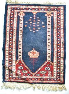 Vintage Hand Knotted Pak Bokhara Prayer Rug on Blue Ground.  Measures 19" 25"