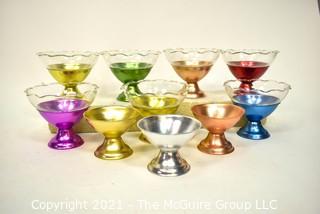 Set of 10 Vintage Mid Century Anodized Aluminum Dessert Sherbet Cups with Glass Inserts. *