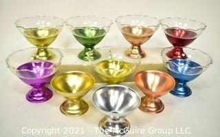 Set of 10 Vintage Mid Century Anodized Aluminum Dessert Sherbet Cups with Glass Inserts. *