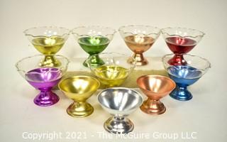 Set of 10 Vintage Mid Century Anodized Aluminum Dessert Sherbet Cups with Glass Inserts. *