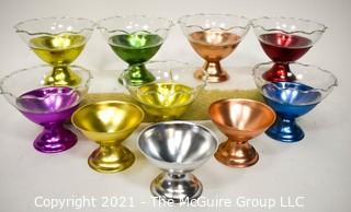 Set of 10 Vintage Mid Century Anodized Aluminum Dessert Sherbet Cups with Glass Inserts. *