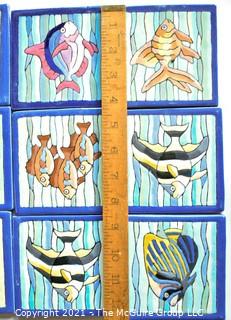 Set of 10 Hand Painted Fish Tiles.  Each measure 4" square