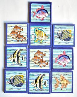 Set of 10 Hand Painted Fish Tiles.  Each measure 4" square