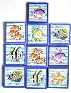 Set of 10 Hand Painted Fish Tiles.  Each measure 4" square