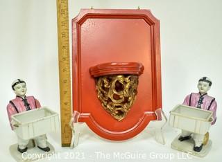 Asian Inspired Display Pieces Including Wall Plaque and Two Porcelain Holders.