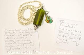 Two Gemstone Pendants Set in Sterling Silver Includes, Turqoise and Green Amber. 