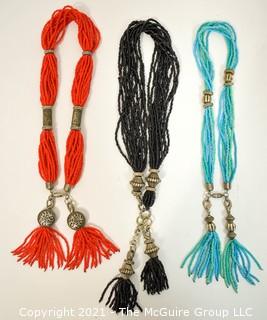 Three (3) Bright Seeded Bead Tassel Necklaces. 