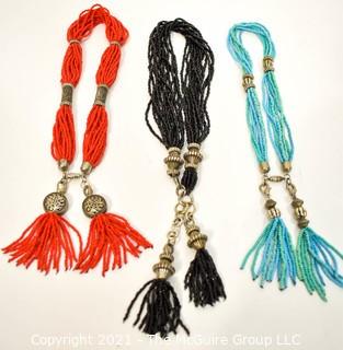 Three (3) Bright Seeded Bead Tassel Necklaces. 