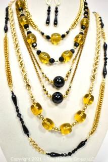 Five Vintage Glass Bead Necklaces and One Pair of French Glass Earrings. 