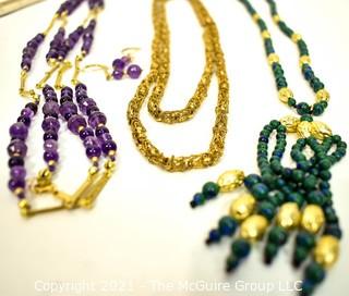 Three (3) Beaded Necklaces Including Amethyst and Azurite Gemstones. 