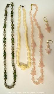 Group of Beaded Necklaces including Jasper, Bone and Rose Quartz. 