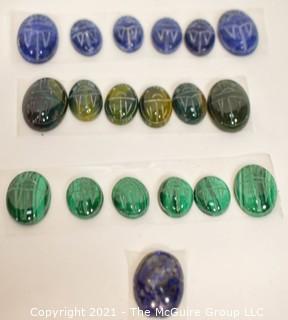 Nineteen (19) Loose Scarab Carved Gemstone Beads.  Includes Malachite, Sodalite, Lapis and Heliotrope. 