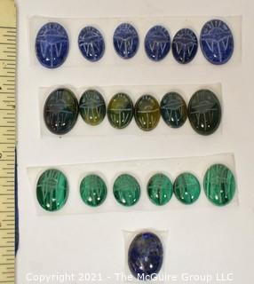 Nineteen (19) Loose Scarab Carved Gemstone Beads.  Includes Malachite, Sodalite, Lapis and Heliotrope. 