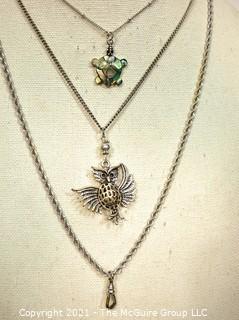 Two (2) Sterling Silver Pendants on Chains and One Costume Jewelry Owl Pendant Necklace.