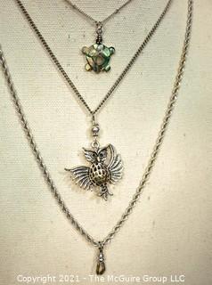 Two (2) Sterling Silver Pendants on Chains and One Costume Jewelry Owl Pendant Necklace.