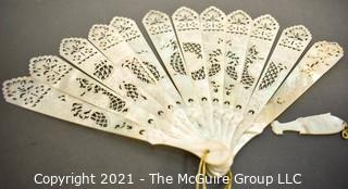 Antique Hand Carved Mother Of Pearl Folding Fan  Pieces And Carved Game Piece.