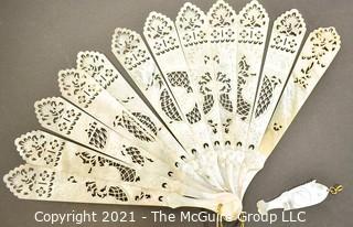 Antique Hand Carved Mother Of Pearl Folding Fan  Pieces And Carved Game Piece.