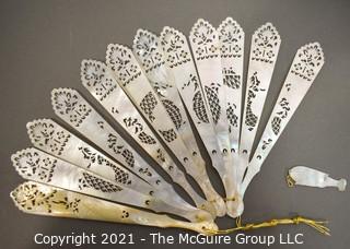 Antique Hand Carved Mother Of Pearl Folding Fan  Pieces And Carved Game Piece.