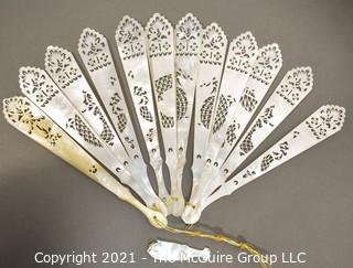 Antique Hand Carved Mother Of Pearl Folding Fan  Pieces And Carved Game Piece.