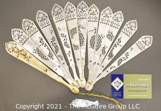 Antique Hand Carved Mother Of Pearl Folding Fan  Pieces And Carved Game Piece.