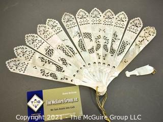 Antique Hand Carved Mother Of Pearl Folding Fan  Pieces And Carved Game Piece.