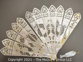 Antique Hand Carved Mother Of Pearl Folding Fan  Pieces And Carved Game Piece.