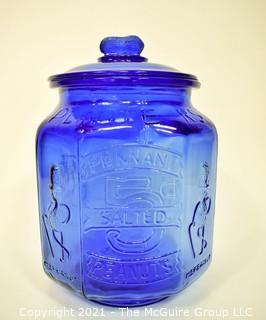 Oversized Cobalt Blue Glass Planters Pennant Peanut Jar with Lid.  Measures 10" x 13". *