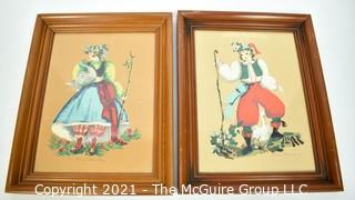 Pair of Vintage 1950's  Margo Alexander Of California Sophisticated Provincials Under Glass.  They each measure 12" x 15".. 