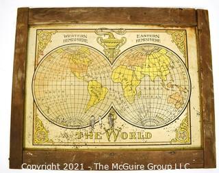 Antique Primitive Framed Tin Metal World Map Sign.  Measures 17" x 21".