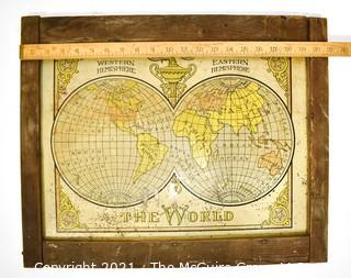 Antique Primitive Framed Tin Metal World Map Sign.  Measures 17" x 21".