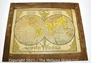 Antique Primitive Framed Tin Metal World Map Sign.  Measures 17" x 21".