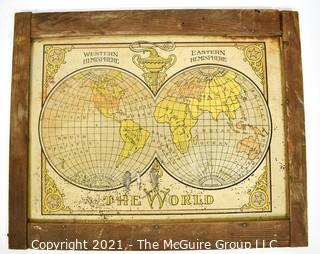 Antique Primitive Framed Tin Metal World Map Sign.  Measures 17" x 21".