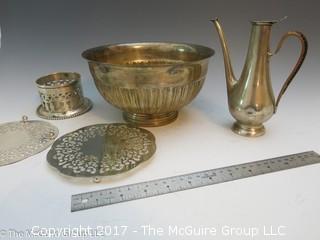 Collection of silverplated holloware including large bowl, trivets, and hallmarked tea pot