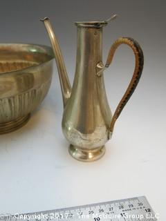 Collection of silverplated holloware including large bowl, trivets, and hallmarked tea pot