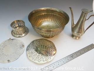 Collection of silverplated holloware including large bowl, trivets, and hallmarked tea pot