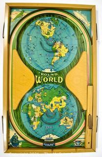 Vintage Metal Round The World Tin Tabletop Pinball Marble Game Made by Durable Toy & Novelty Co.,  New York.  Measures 14" x 23". *