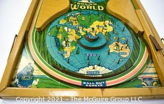 Vintage Metal Round The World Tin Tabletop Pinball Marble Game Made by Durable Toy & Novelty Co.,  New York.  Measures 14" x 23". *