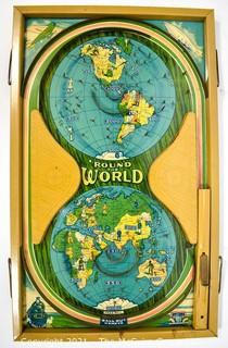 Vintage Metal Round The World Tin Tabletop Pinball Marble Game Made by Durable Toy & Novelty Co.,  New York.  Measures 14" x 23". *