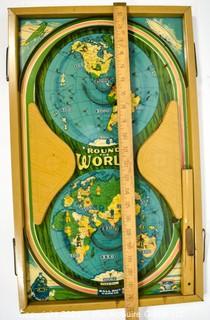 Vintage Metal Round The World Tin Tabletop Pinball Marble Game Made by Durable Toy & Novelty Co.,  New York.  Measures 14" x 23". *