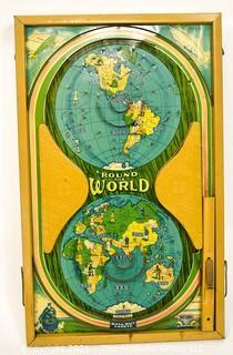 Vintage Metal Round The World Tin Tabletop Pinball Marble Game Made by Durable Toy & Novelty Co.,  New York.  Measures 14" x 23". *