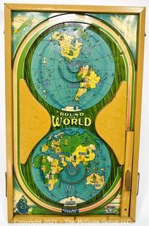 Vintage Metal Round The World Tin Tabletop Pinball Marble Game Made by Durable Toy & Novelty Co.,  New York.  Measures 14" x 23". *