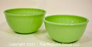 Two (2) Green Jadeite Fire King Swirl Mixing Bowls.  They measure 8" x 10" in diameter.