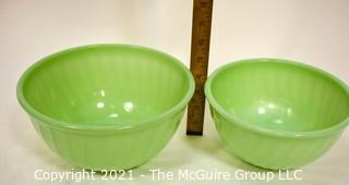 Two (2) Green Jadeite Fire King Swirl Mixing Bowls.  They measure 8" x 10" in diameter.