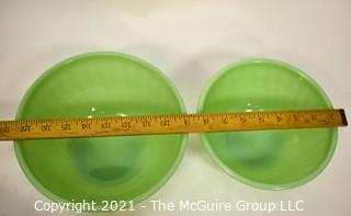 Two (2) Green Jadeite Fire King Swirl Mixing Bowls.  They measure 8" x 10" in diameter.