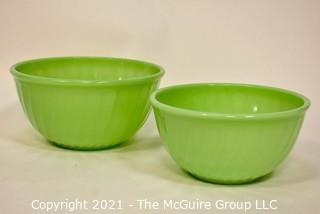 Two (2) Green Jadeite Fire King Swirl Mixing Bowls.  They measure 8" x 10" in diameter.