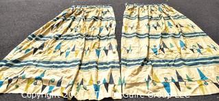 Two Vintage Mid Century Art Deco Barkcloth Curtains for Cutting in Atomic Pattern. Each measure 93" x 62"